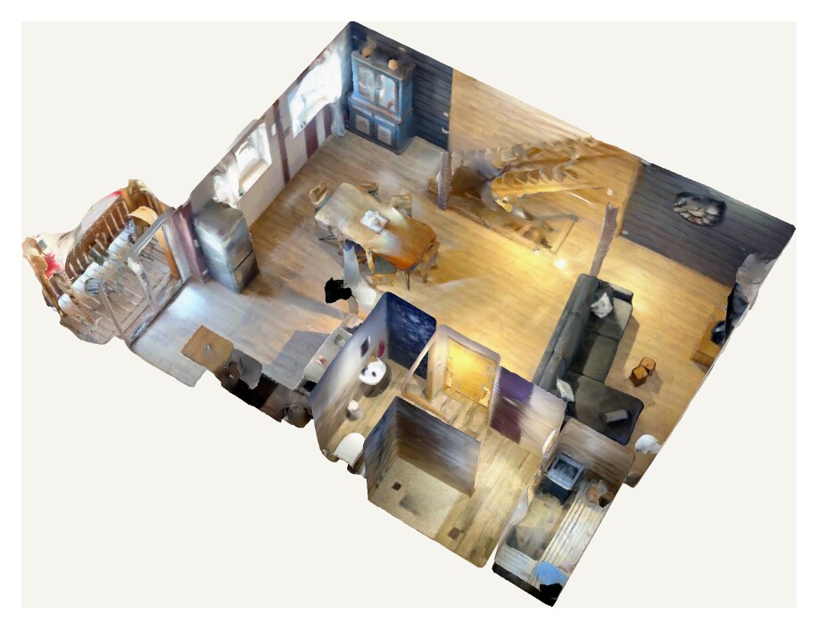 Vue 3D du gîte Le 67 : la pièce de vie, la cuisine et l'escalier du duplex