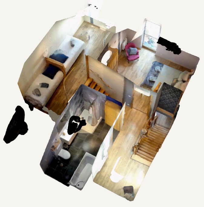 Vue 3D du gîte Le 67 : l'étage avec ses deux chambres et la salle de bain