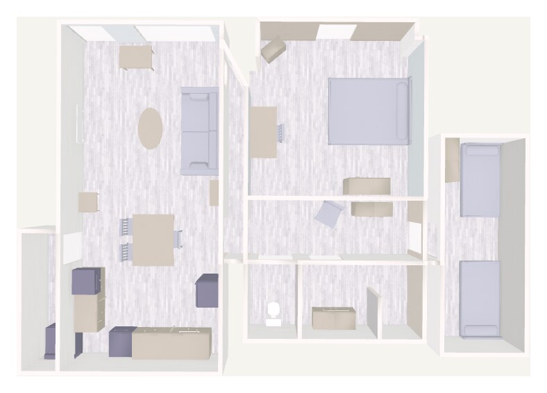 Plan 3D du Lien des Temps : le séjour, la cuisine et les chambres de plain-pied
